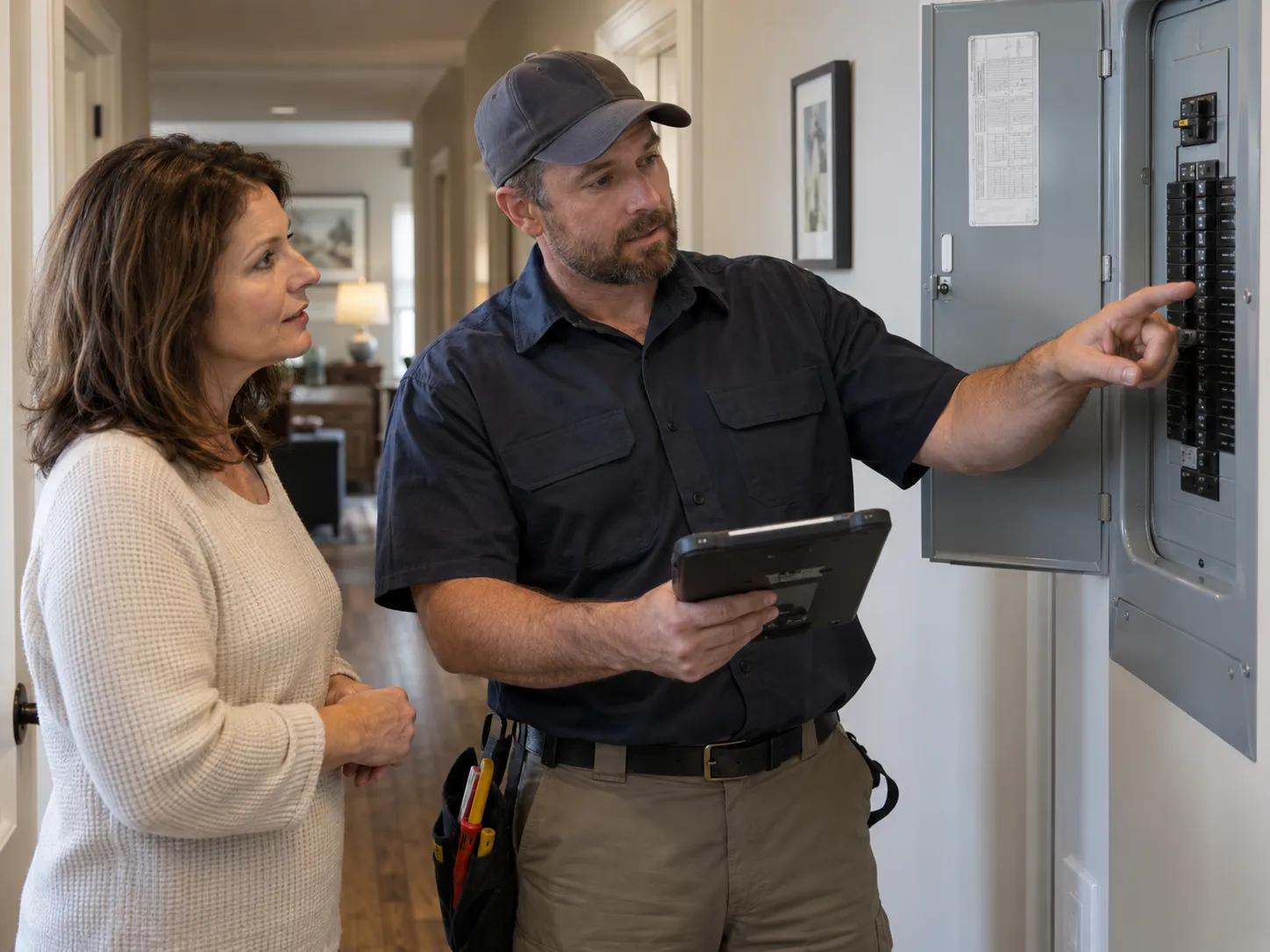 An electrician walking a homeowner through her electrical panel