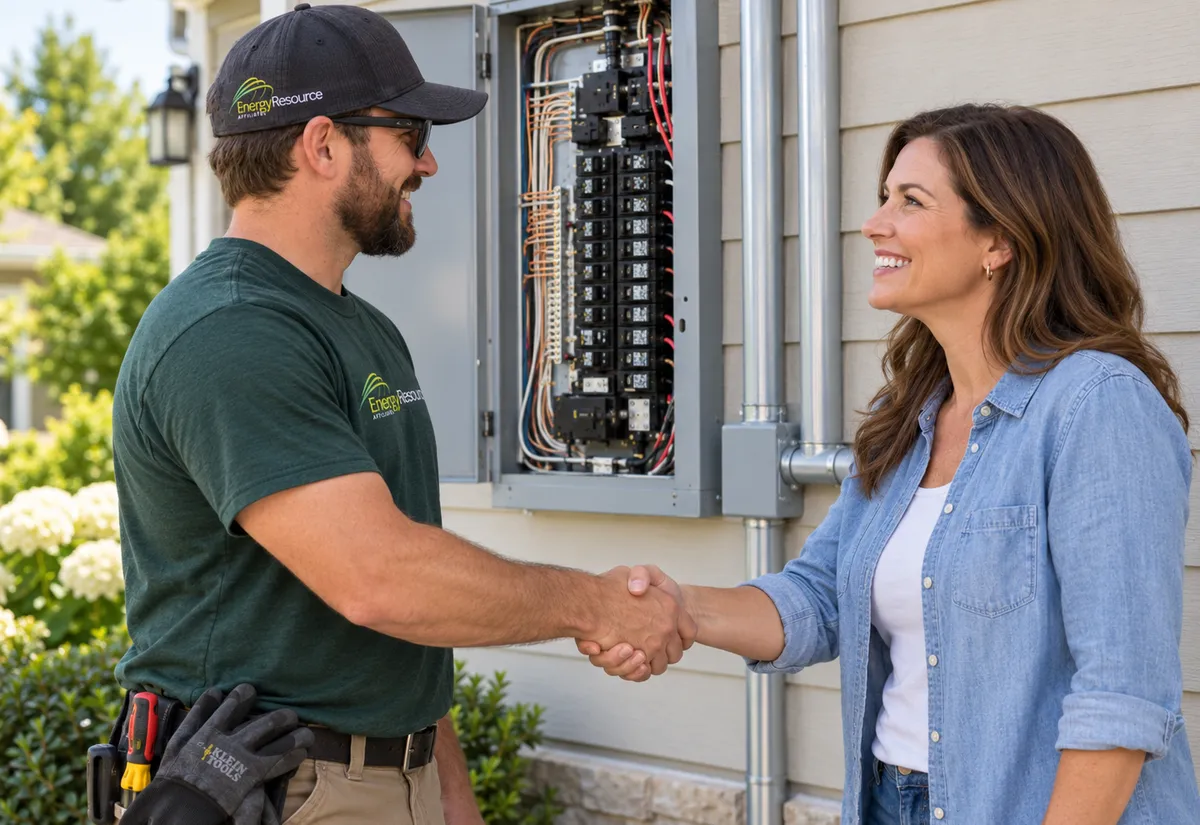 An Energy Resource Affiliates electrician shaking hands with a homeowner in front of an open electrical panel