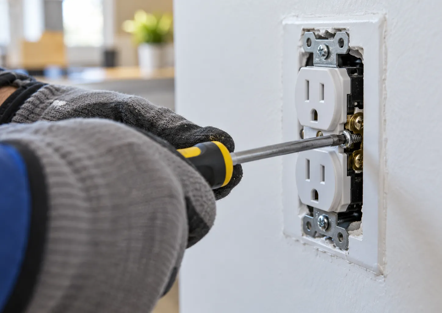 An electrician pulling new wiring through a wall frame