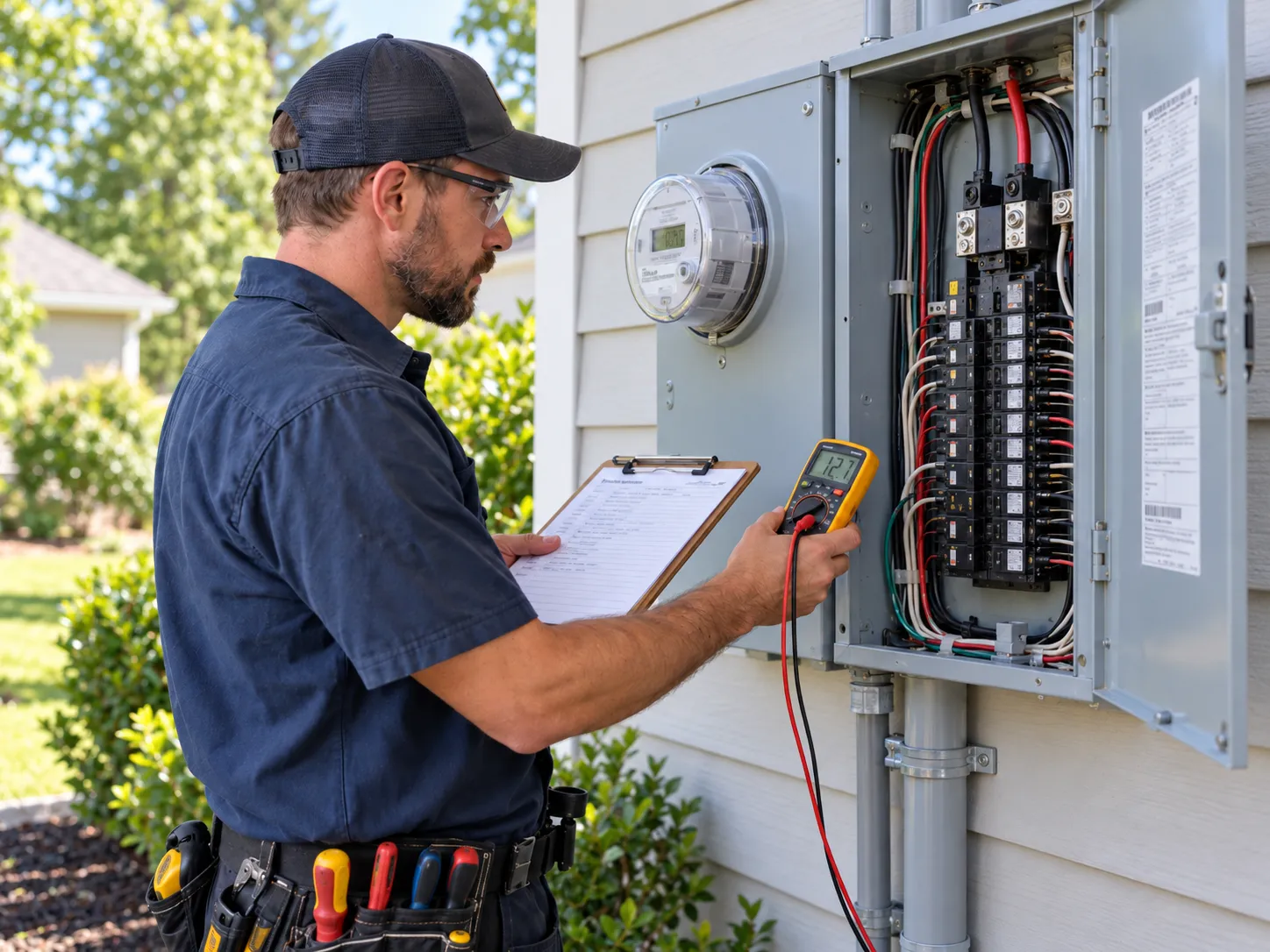 An electrician using a diagnostic meter to test a breaker panel