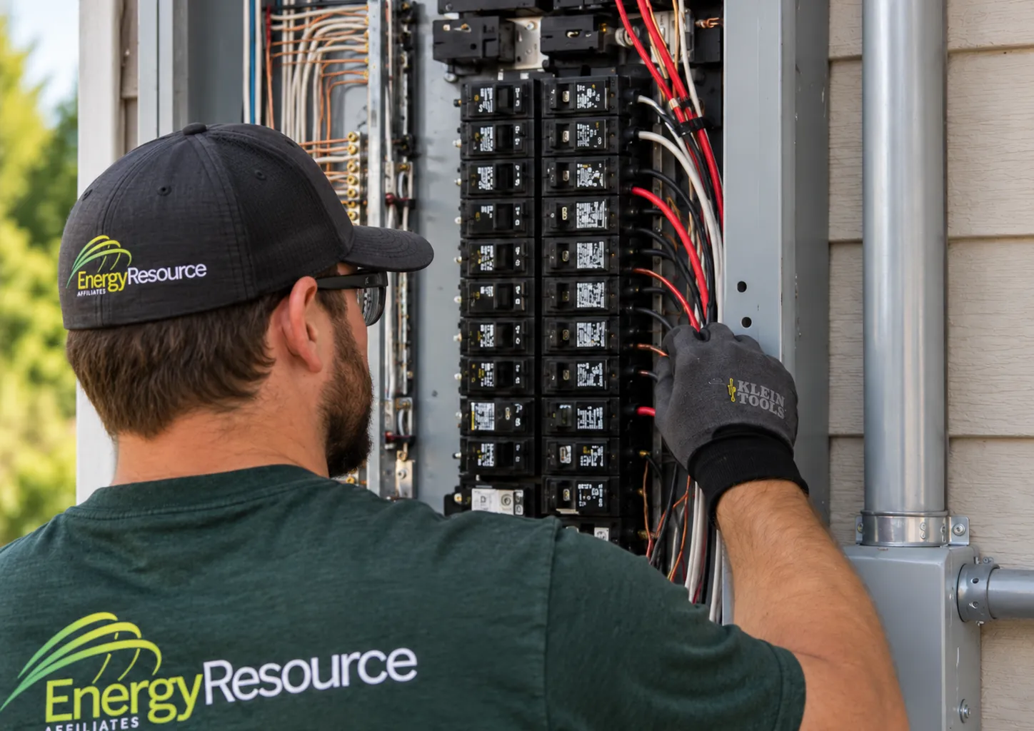 An Energy Resource Affiliates electrician working inside an open breaker panel