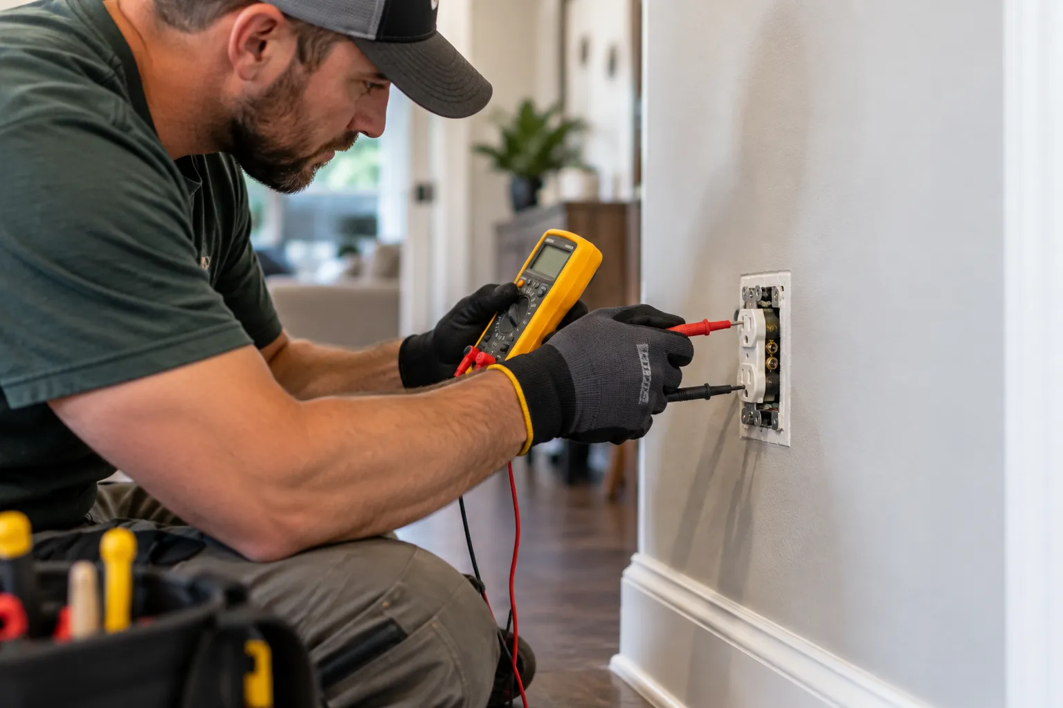 An electrician testing a wall outlet with a multimeter