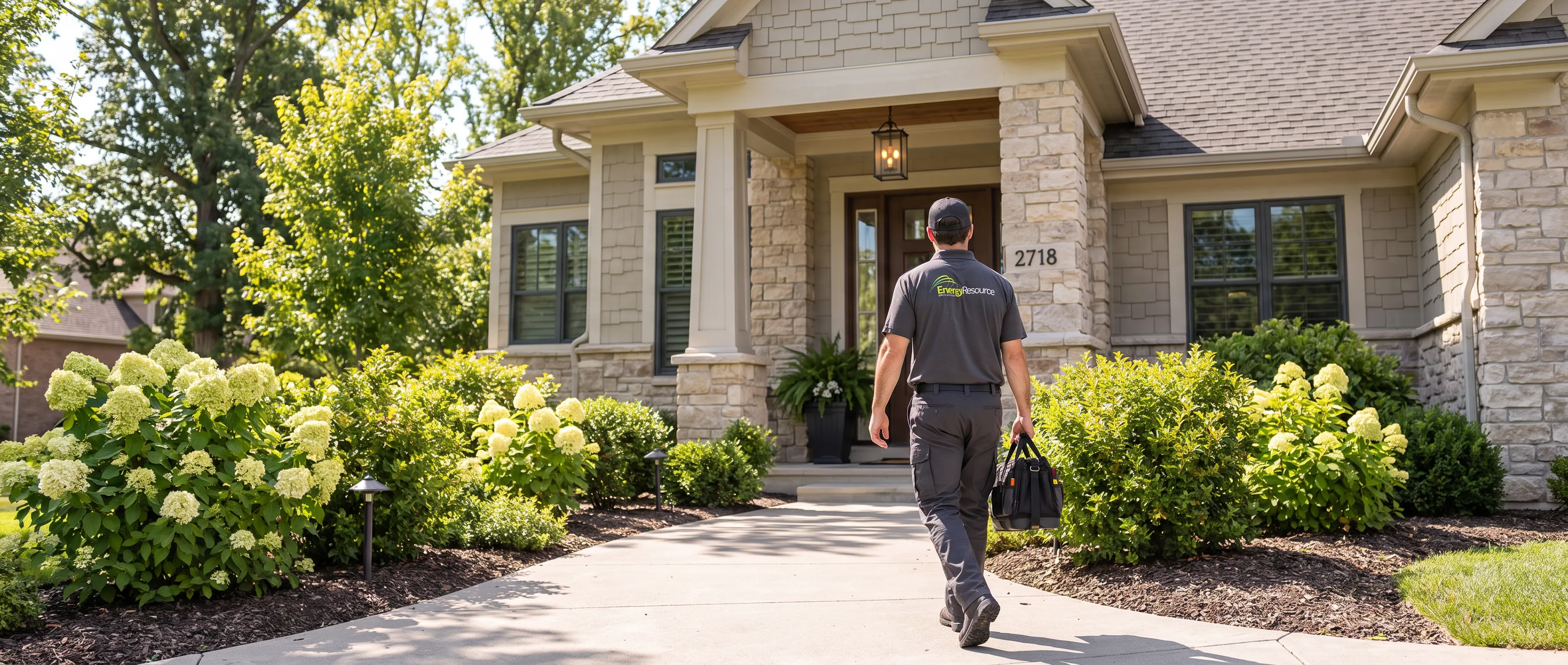 An Energy Resource Affiliates electrician walking toward a home with a tool bag
