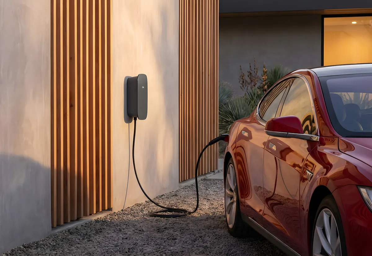 A home EV charger installed in a driveway