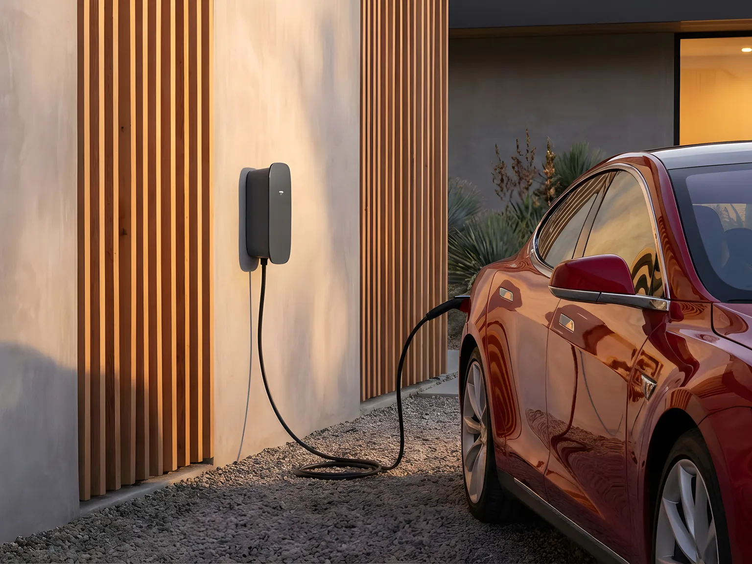 An EV charger plugged into a car parked in a home driveway