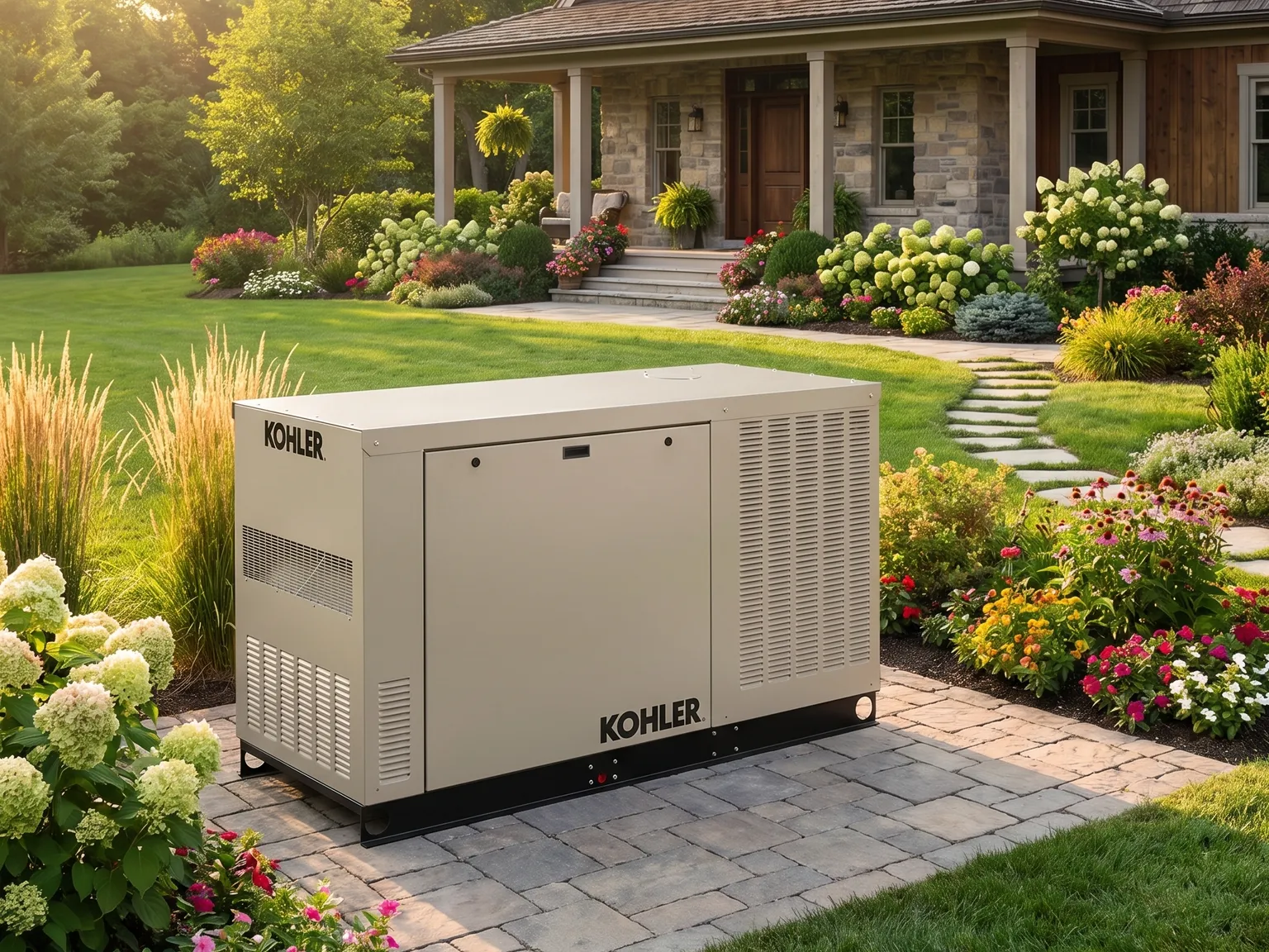 A Kohler standby generator installed beside a home