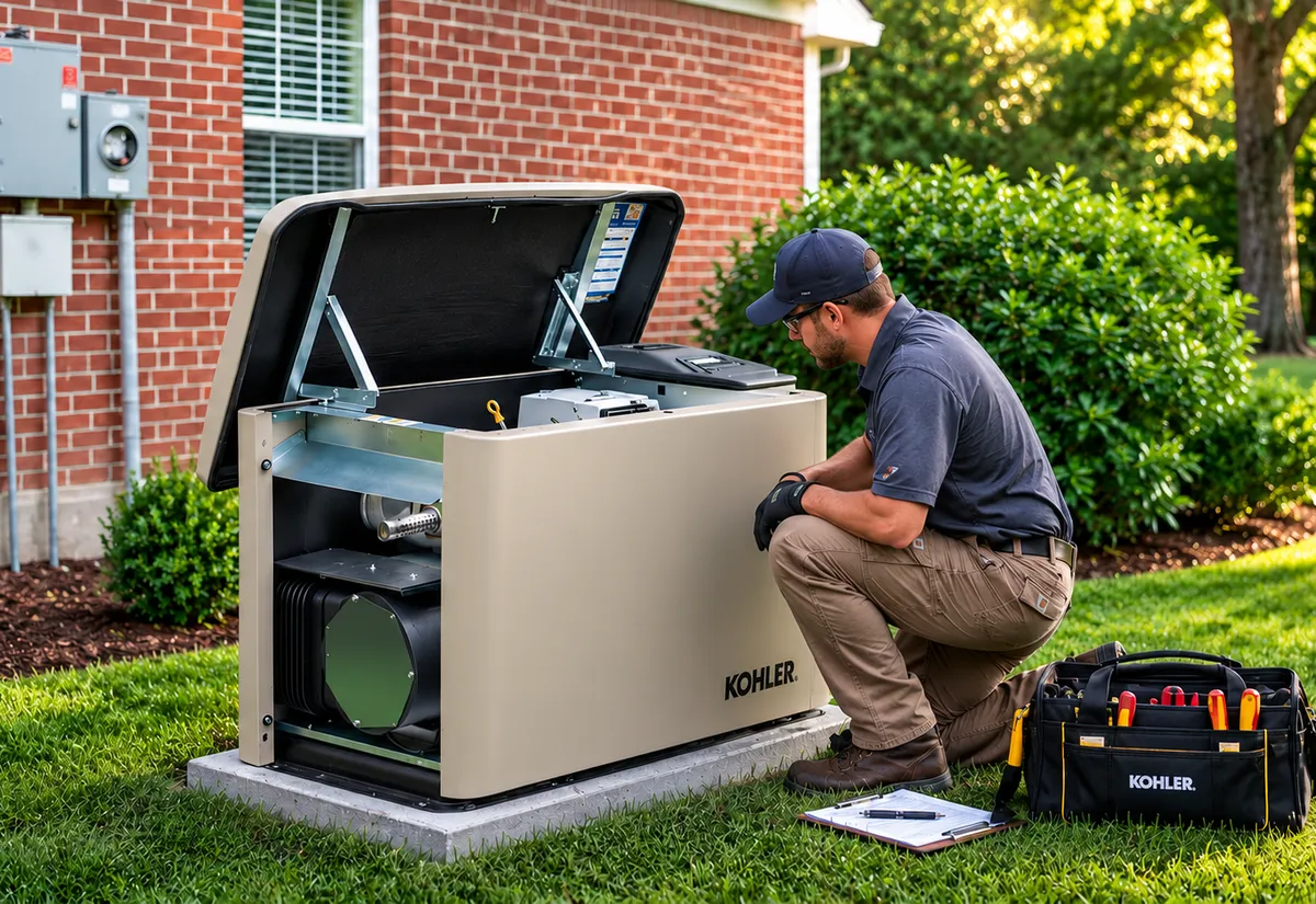A Kohler technician servicing a standby generator at a customer's home