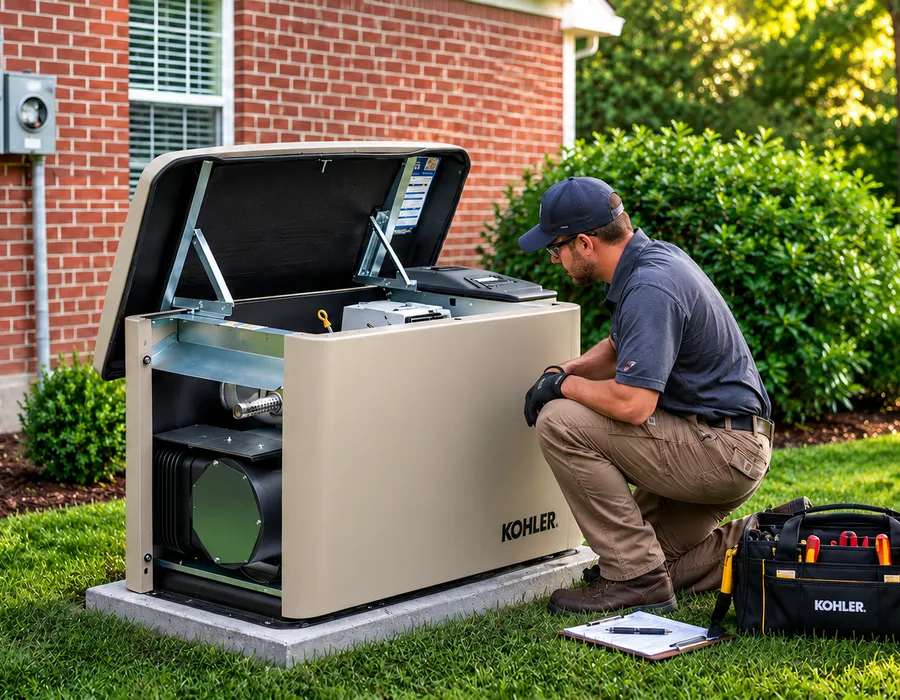 An Energy Resource Affiliates technician servicing a Kohler standby generator outside a home