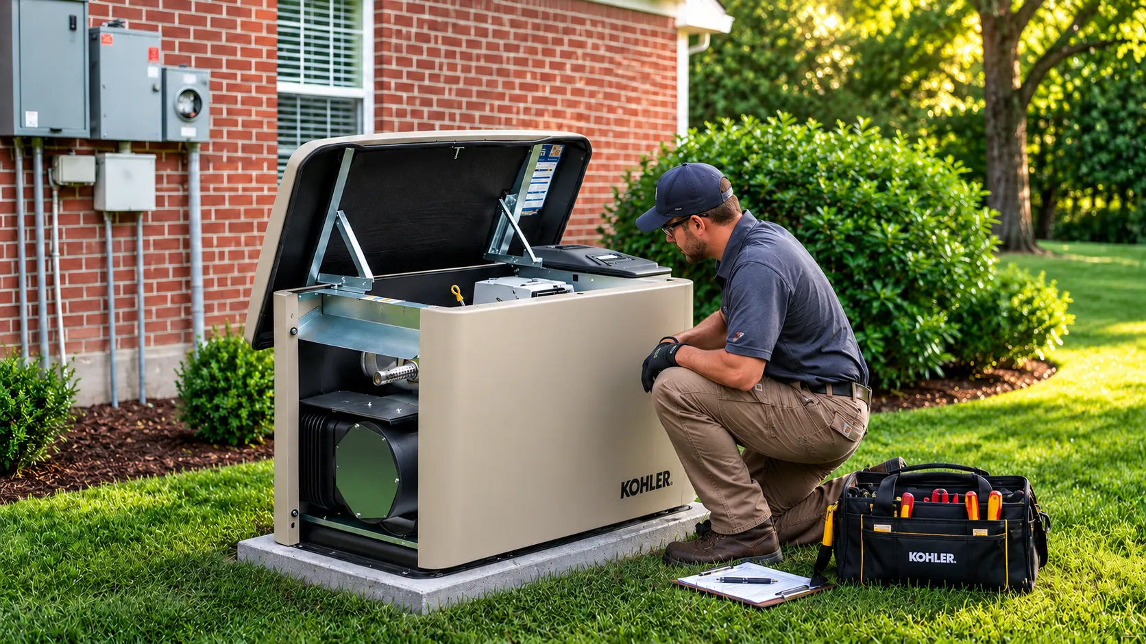 A Kohler-certified technician servicing an open standby generator at a home