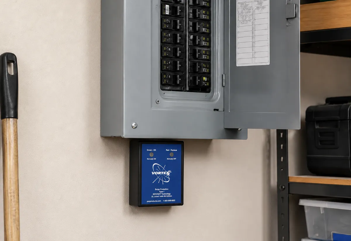 A PSP Products surge protective device installed at a home's electrical panel