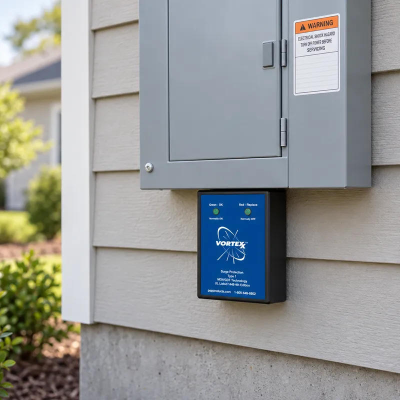A PSP Vortexx surge protective device installed at a home's electrical panel