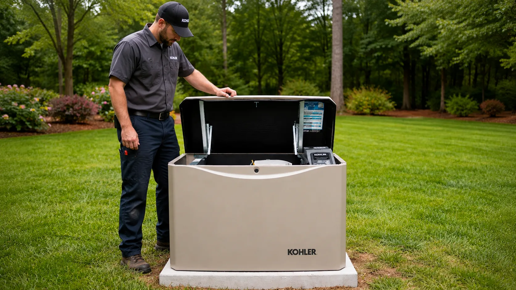 A Kohler-certified technician servicing a standby generator